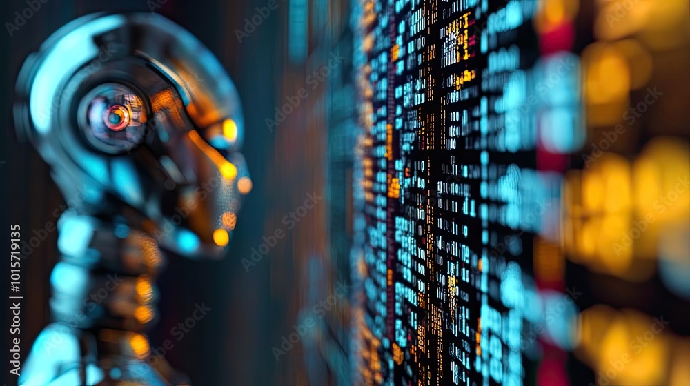 Poster A futuristic robot analyzes complex data on a digital display, showcasing advanced technology and innovation.