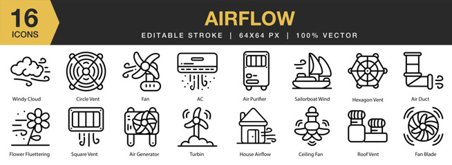 Airflow icon set. Editable Stroke Icon Collection. Includes windy cloud, turbine, vent, roof, fan, and More. Outline icons vector collection.