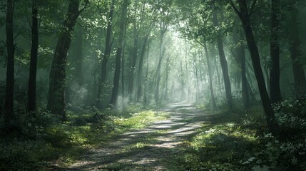 Obraz premium Sunbeams illuminating a path through a misty green forest.
