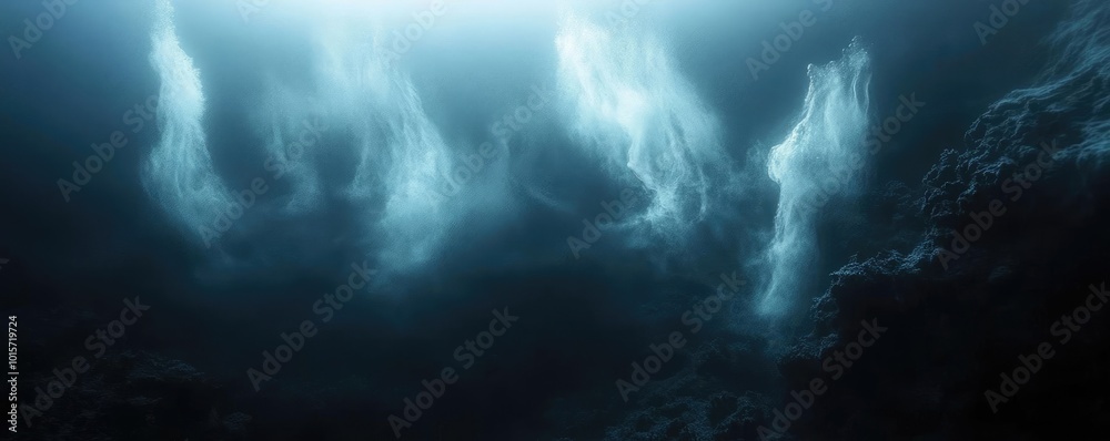 Poster Mysterious underwater scene with ethereal light rays creating a tranquil and dreamlike atmosphere, perfect for serene imagery.