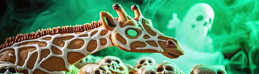 A whimsical gingerbread giraffe decorates a spooky Halloween scene with skulls and ghosts, creating a playful yet eerie atmosphere.