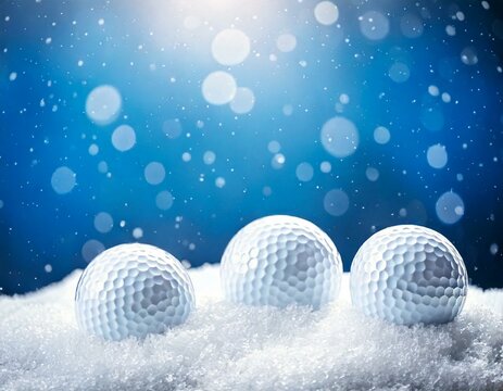 Three golf balls sitting in snow, winter golfing advertisement background