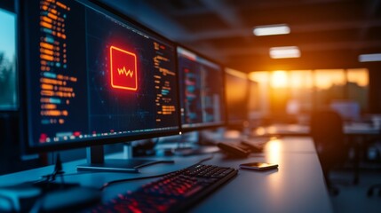 A high-resolution monitor shows a red firewall alert in a bright office environment. A glowing keyboard and smartphone rest on the desk, highlighting cybersecurity concerns