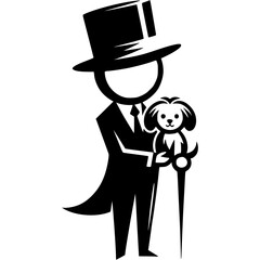 Gentleman in a classic suit and a high hat holds a small puppy in his hands in monochrome. Simple minimalistic vector in black ink drawing on transparent background
