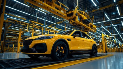 Naklejka premium Yellow sports car in a modern automotive manufacturing facility.