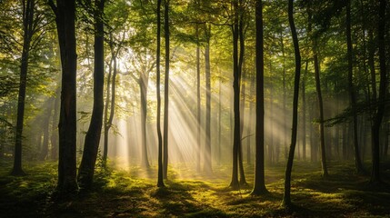 Obraz premium Sunlight beams through the trees in a dense forest, illuminating the mossy ground.