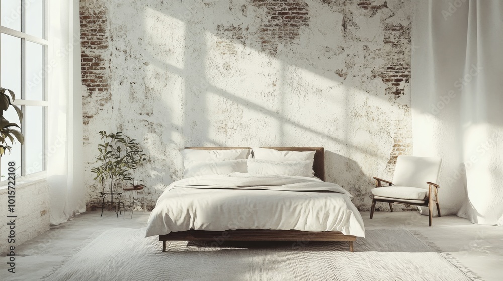 Aufkleber a serene bedroom features a comfortable wooden bed with soft linens, an armchair beside a large wind