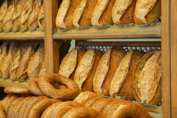  fresh baked breads at Farmers Market shelves in istanbul .