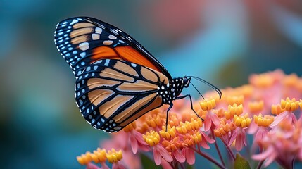 Fototapeta premium A monarch butterfly feeds on the nectar of milkweed blooms, illustrating the fragile relationship between species and their habitats in the face of environmental changes.