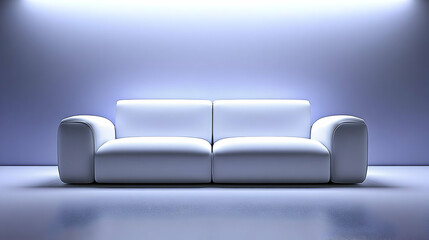 A Minimalist White Sofa In A Simple  Blue Room, With A Soft Light Above