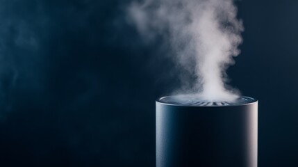 Delicate steam rises in swirling patterns from a matte black humidifier, illuminated by soft light to create an ethereal atmosphere against a dark backdrop