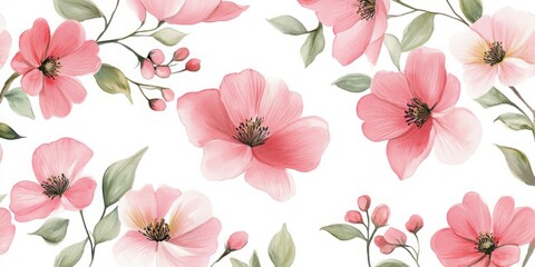 Watercolor pink flowers on a white background create a delicate floral pattern, showcasing the beauty of nature. This hand-painted artwork features romantic pink blossoms and a botanical design