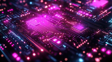 A neon circuit board backdrop, combining purple, violet, and blue hues to illustrate digital network technology.
