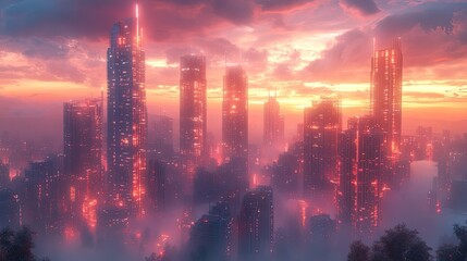 Obraz premium A neon-infused depiction of a futuristic mega city with modern towers, showcasing virtual reality and high-tech urban development.