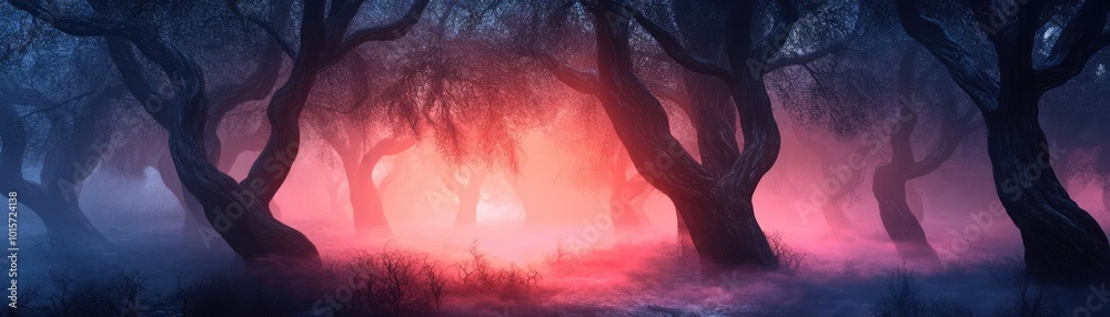 Poster mysterious forest shrouded in fog with glowing light, creating an enchanting and eerie atmosphere pe