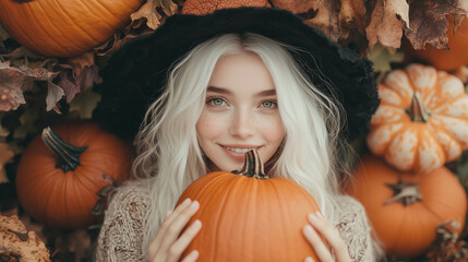 A cute witch with white hair holding an orange pumpkin with green eyes.