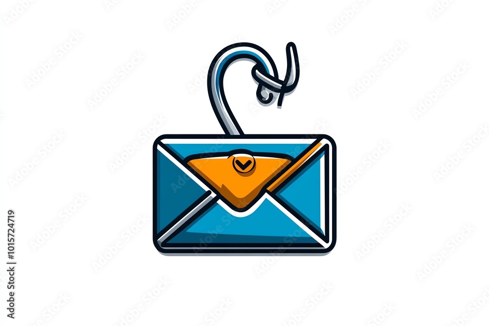 Poster simple phishing icon showing a hooked envelope, drawn with minimal lines and bold colors to symboliz