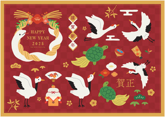 鶴と亀・白蛇の正月年賀状イラストセット