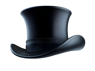 Elegant black top hat, perfect for formal occasions and theatrical performances, with a smooth finish against a white background.