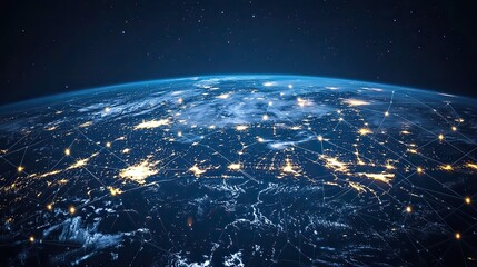 Obraz premium A panoramic view of a dotted earth with digital communication lines illustrating global network connections and the world wide web.