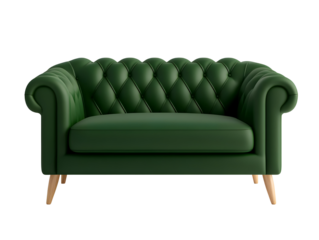 Elegant green sofa with tufted design and wooden legs, perfect for modern living spaces.