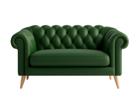 Elegant green sofa with tufted design and wooden legs, perfect for modern living spaces.