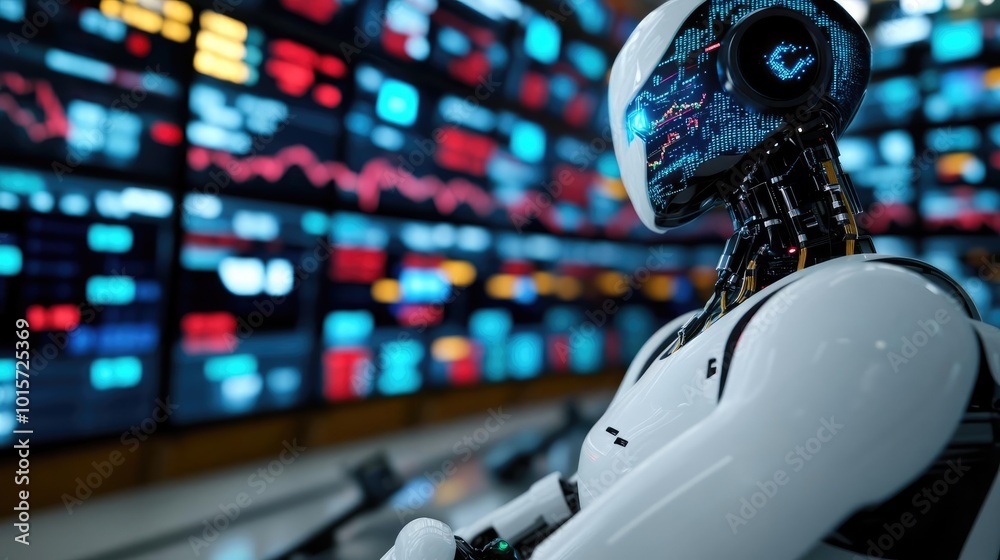Poster A futuristic robot analyzes data in a high-tech environment, showcasing the intersection of technology and finance.