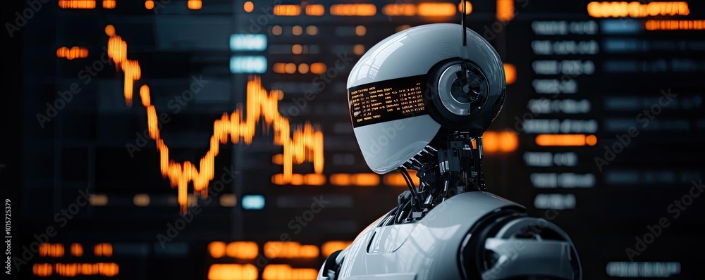 Poster futuristic robot surrounded by digital charts, showcasing advanced technology in finance and data an