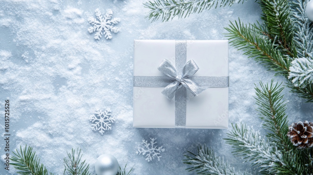 Poster A white gift box is lying on a snowy surface. It is tied with a silver ribbon and bow. There are pine branches with snow on them on either side of the box