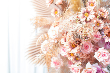 Pink flowers, white curtain background, leave copy space.