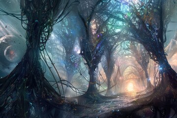 Mystical Forest with Glowing Trees and Planets
