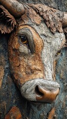Naklejka premium Cow with a detailed textured pattern, emphasizing the intricate textures of its coat and the surrounding environment.