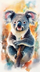 Obraz premium A koala illustrated in soft watercolor style, with delicate brushstrokes and vibrant, natural colors.