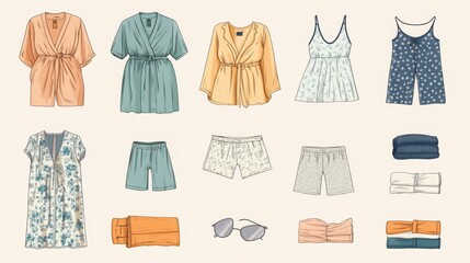 A comprehensive vector illustration template displaying an assortment of sleepwear items such as bathrobes, pajamas, shorts, and tank tops.