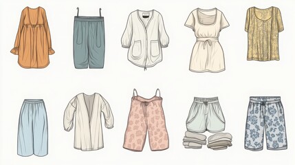 A comprehensive vector illustration template displaying an assortment of sleepwear items such as bathrobes, pajamas, shorts, and tank tops.