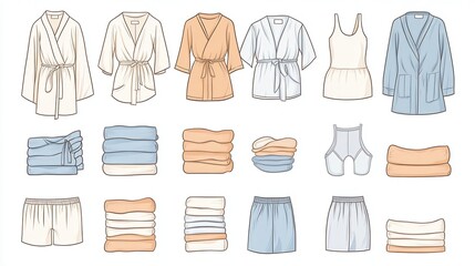 A vector illustration template showcasing a variety of sleepwear items, including bathrobes, pajamas, shorts, and tank tops. The design features clear outlines and labels for each item