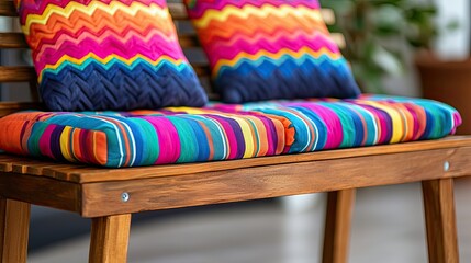 A vibrant, colorful bench with zigzag patterned cushions adds a cheerful touch to any space.