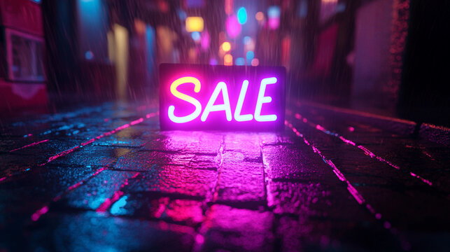 A neon sign that says Sale is on a wet street. The sign is lit up in neon colors and is surrounded by a wet, reflective surface. Scene is bright and energetic