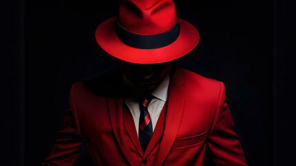 A red suit, black tie, and hat. The man is completely hidden behind the shadow of his head, but you can see that he wears it with confidence and elegance. Black background.
