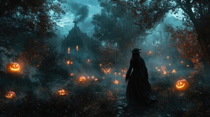 Fototapeta premium A haunting scene of a mysterious figure in a dark forest, surrounded by glowing pumpkins and an eerie house in the distance.