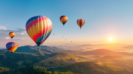 Fototapeta premium Hot Air Balloons Soaring Above the Mountains at Sunrise