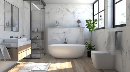 Fototapeta premium Modern bathroom with white marble walls, wood flooring, a large window, a bathtub, a shower, a sink, and a toilet.
