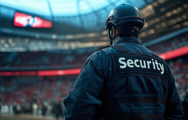 Security guard in front of a sports stadium, with the word "Security" clearly visible...