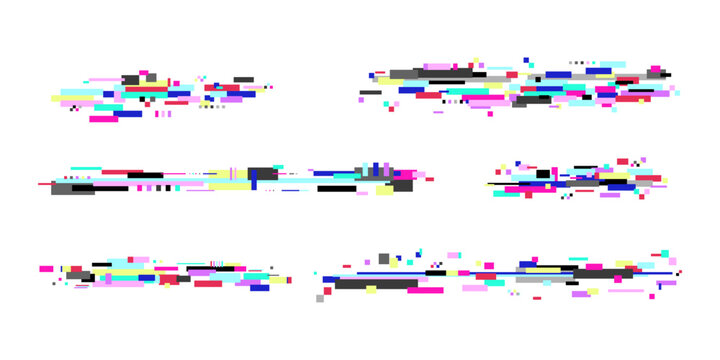 Set of glitch elements. Pixel distortion effect. Error code, corrupted texture design, abstract noise. Vector illustration. No signal, cyber damage color art.