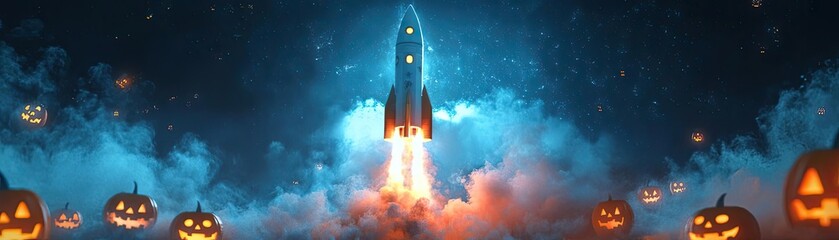 Obraz premium A glowing rocket launches into a starry sky surrounded by Halloween pumpkins, blending space exploration with festive themes.