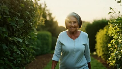 A 60-year-old Black woman walks confidently in a tranquil garden, the soft light creating a peaceful atmosphere