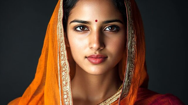 Young Woman in Traditional Attire With Vibrant Orange Dupatta Indoors Generative AI