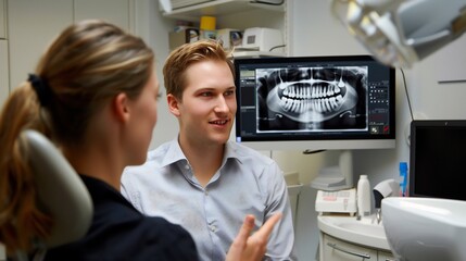 Obraz premium Dentist discussing the steps of a root canal treatment with a patient