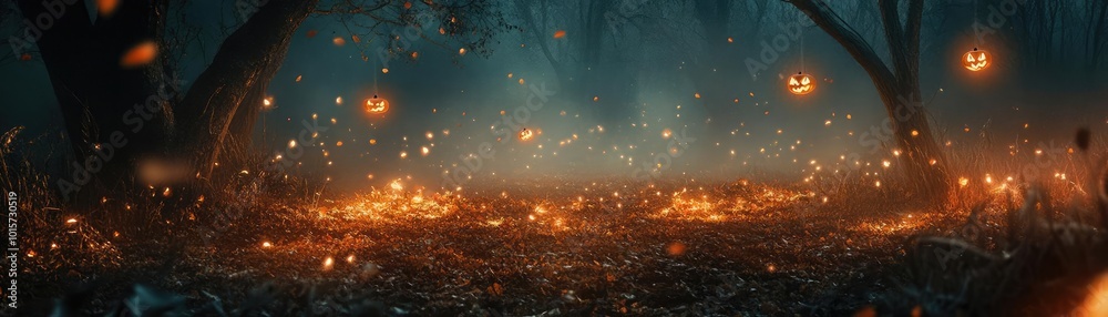 Poster Enchanting forest scene illuminated by magical lights, creating a mystical atmosphere with vibrant colors and serene beauty.