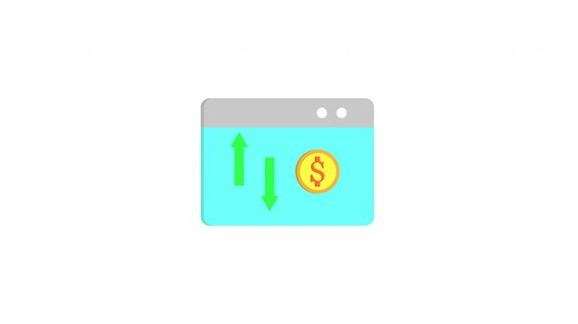 Animated of web browser window with a light blue background. Inside the window, two green arrows point up and down, indicating movement or change. To the right of the arrows is a gold coin. 4k